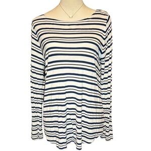 LOFT white with blue and black stripes casual fit stretchy long sleeve shirt